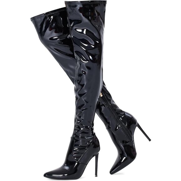 Women Black Patent Wools Polyurethane Over The Knee Stiletto Heel Pointed Boots - Picture 5 of 5